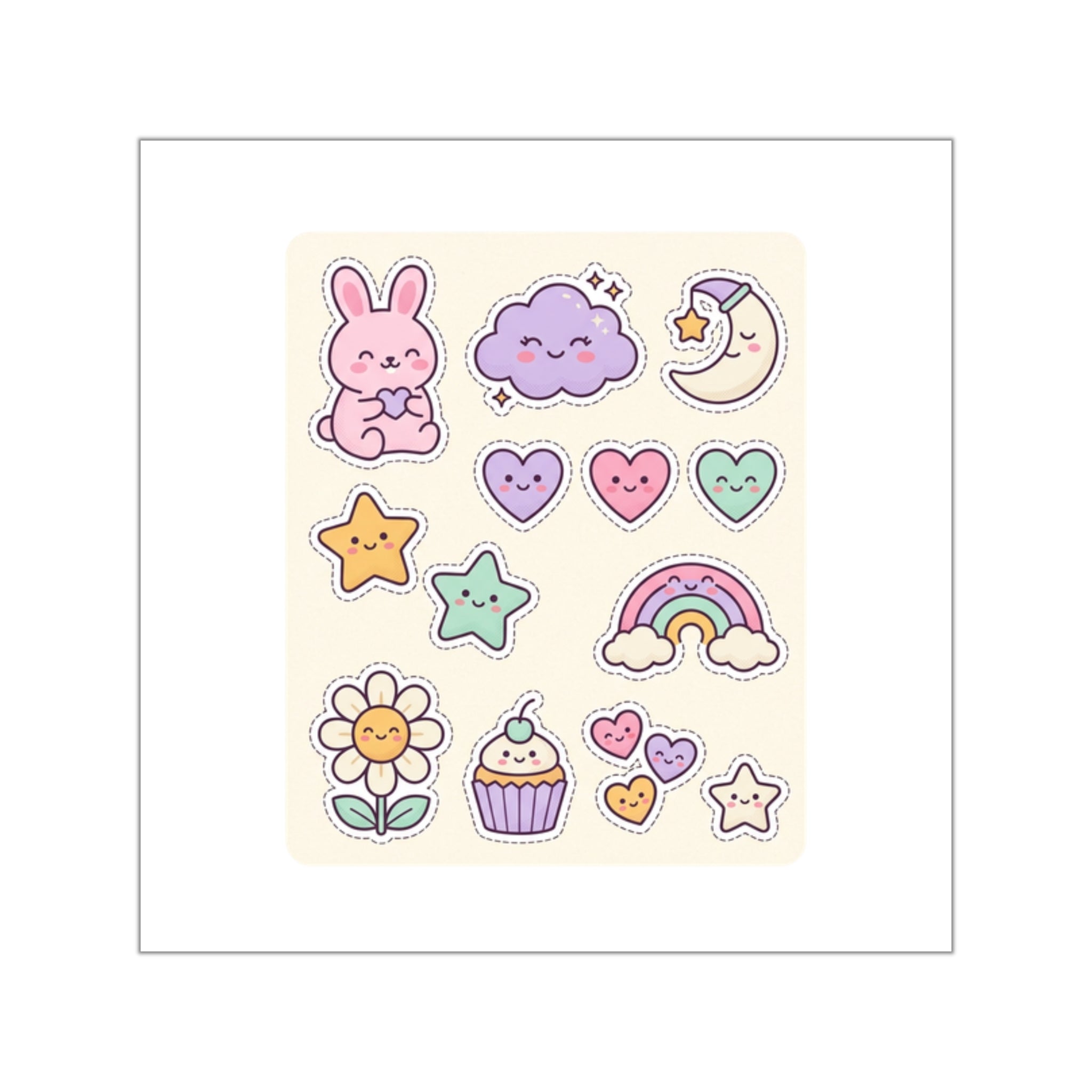 Kawaii Pastel Vinyl Sticker Sheet — Bunny, Cloud, Rainbow & Hearts