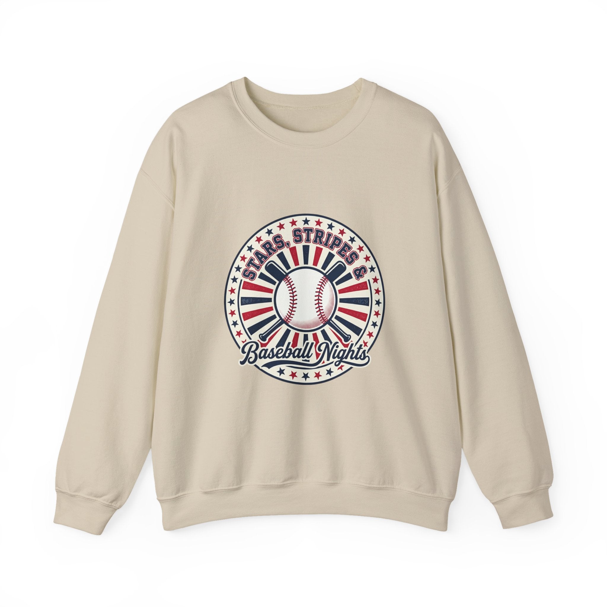 Patriotic Baseball Nights Crewneck Sweatshirt | vintage baseball graphic, red white blue