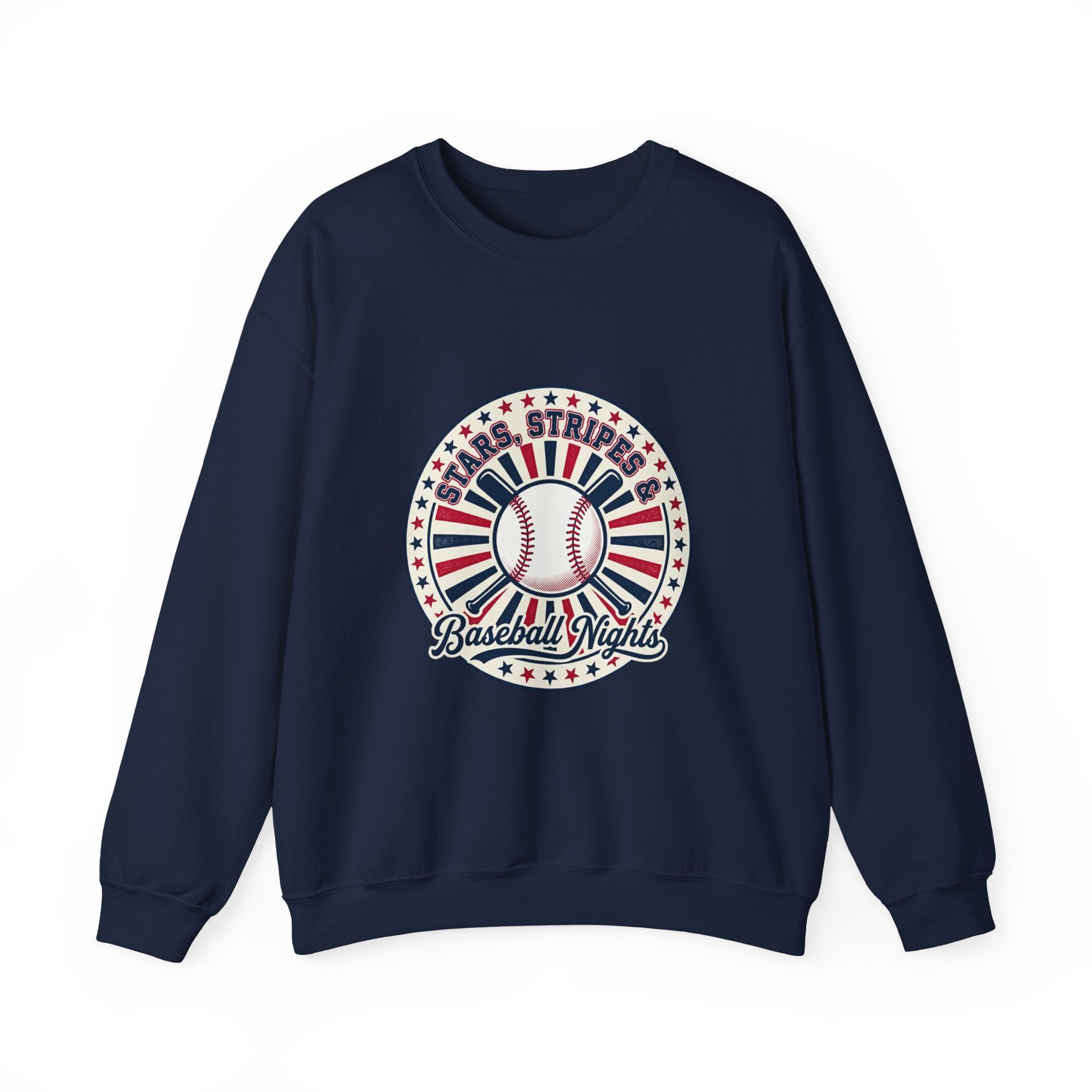 Patriotic Baseball Nights Crewneck Sweatshirt | vintage baseball graphic, red white blue